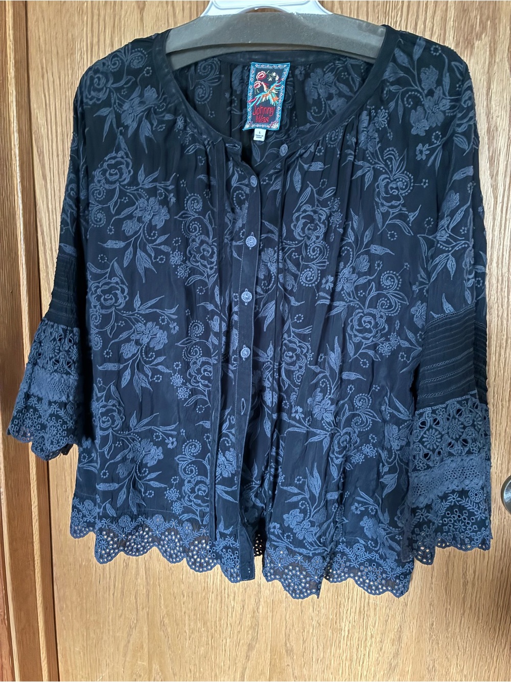 Johnny Was Black Lace-Trim Button Front Women’s Top